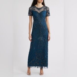PISARRO NIGHTS Illusion Beaded Mesh Column Gown ❤️NWT❤️IN STORES❤️